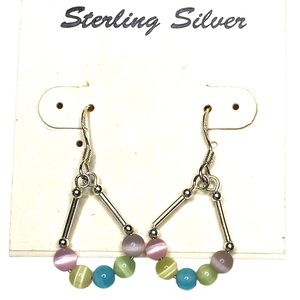 .925 Sterling Silver & Multi Colored Pastel Cats Eye Bead Dangle Earrings New